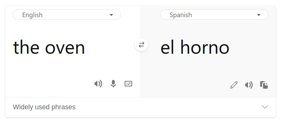 screenshot of translation site showing English: "the oven" and Spanish: el
horno
