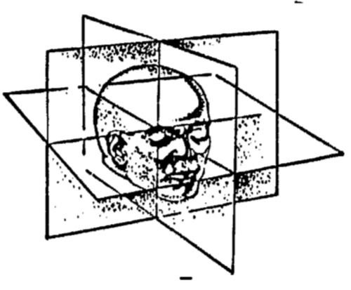 a head with eyes closed being intersected in the middle by 3 planes (one of each dimension)