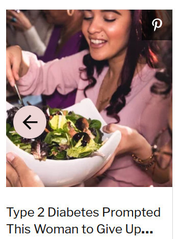 screenshot of a photo of a woman eating salad captioned "Type 2 Diabetes Prompted This Woman ot Give Up..."